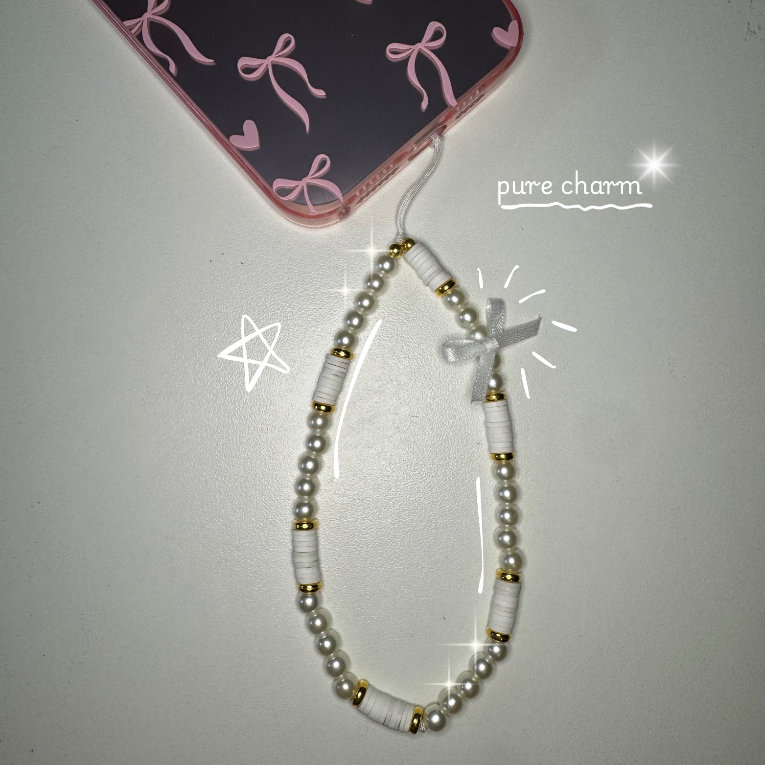 🤍 Pure Charm Phone Charm – White Pearl Beaded Aesthetic Accessory