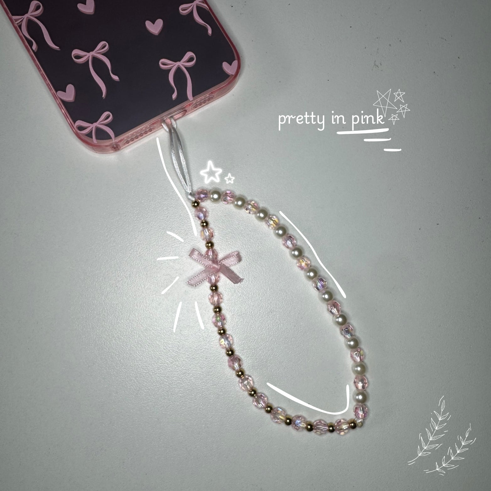 🌸 Pretty in Pink Phone Charm – Pearl, Crystal & Gold Beaded Accessory