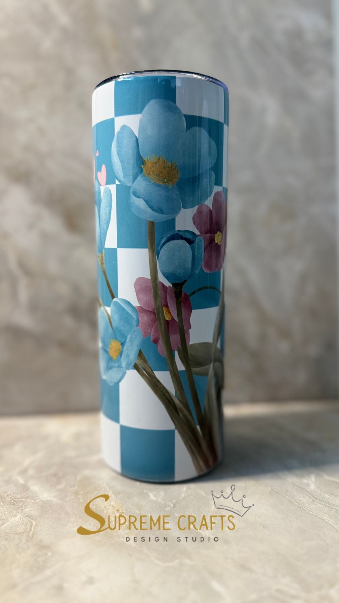 20 oz Stainless Steel Tumbler with Custom Checkered/Floral Design