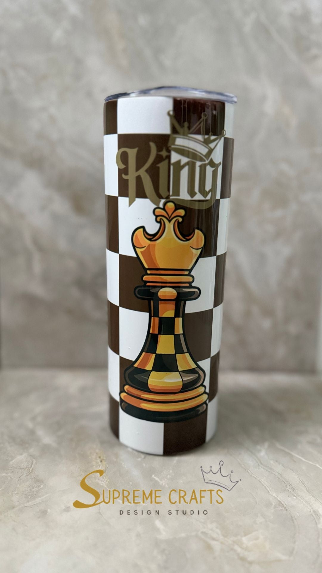 20 oz Stainless Steel Tumbler with Custom Chess Board "King" Design