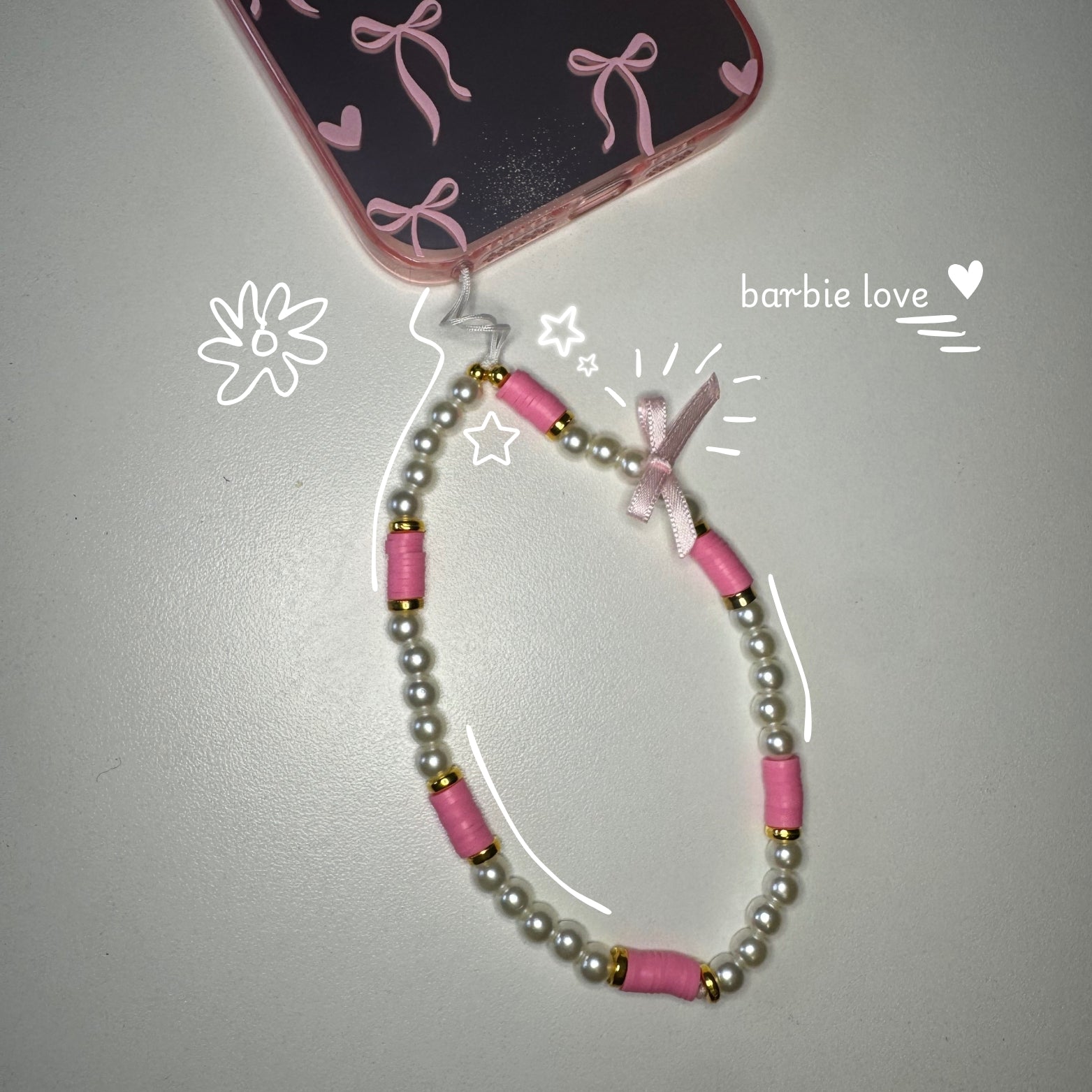 Barbie Love Phone Charm – Pink & White Pearl Beaded Accessory