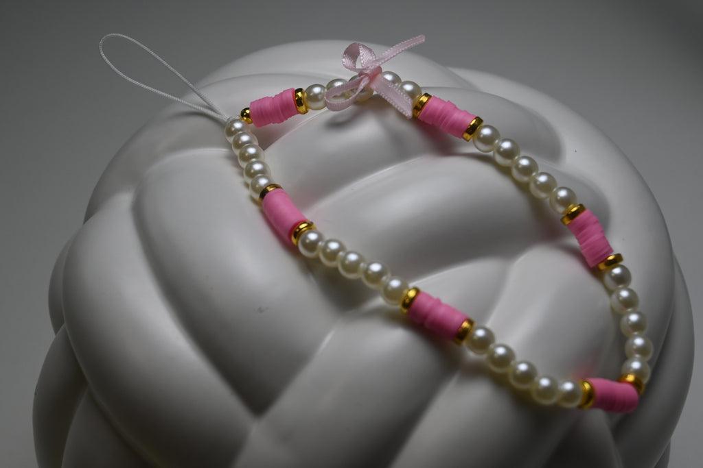 Barbie Love Phone Charm – Pink & White Pearl Beaded Accessory