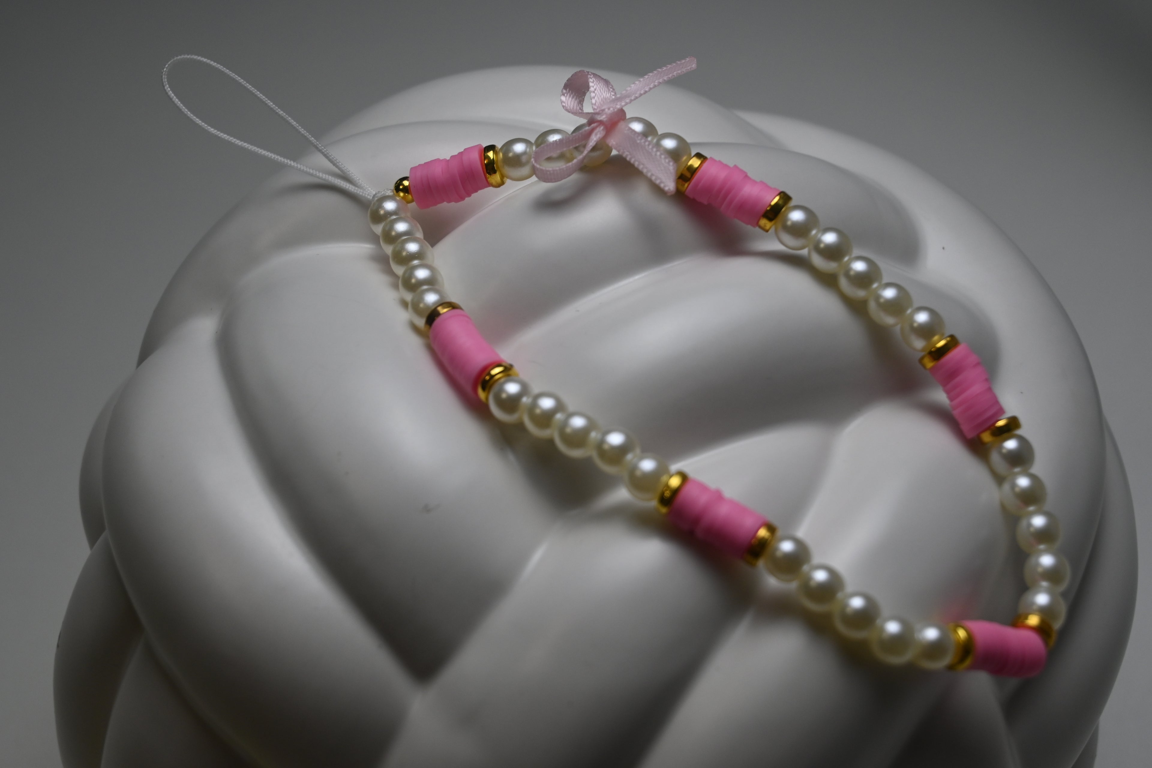 Barbie Love Phone Charm – Pink & White Pearl Beaded Accessory