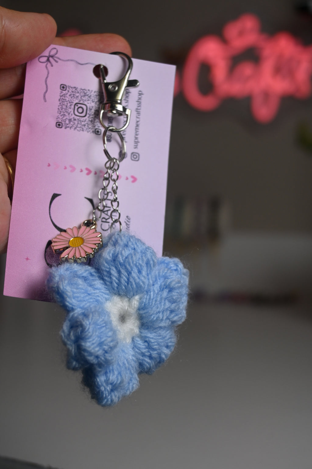 Crochet Blue Flower Keychain