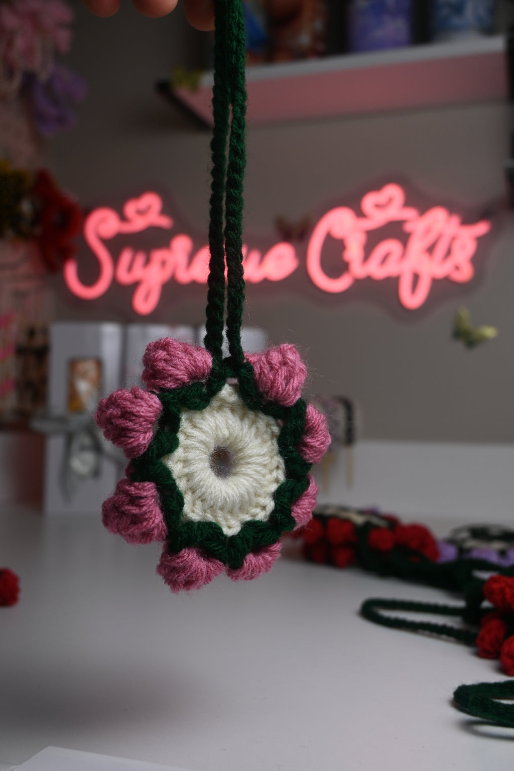 Handmade Crochet Rearview Mirror Charm – Floral Car Accessory (Red, Pink, Purple)