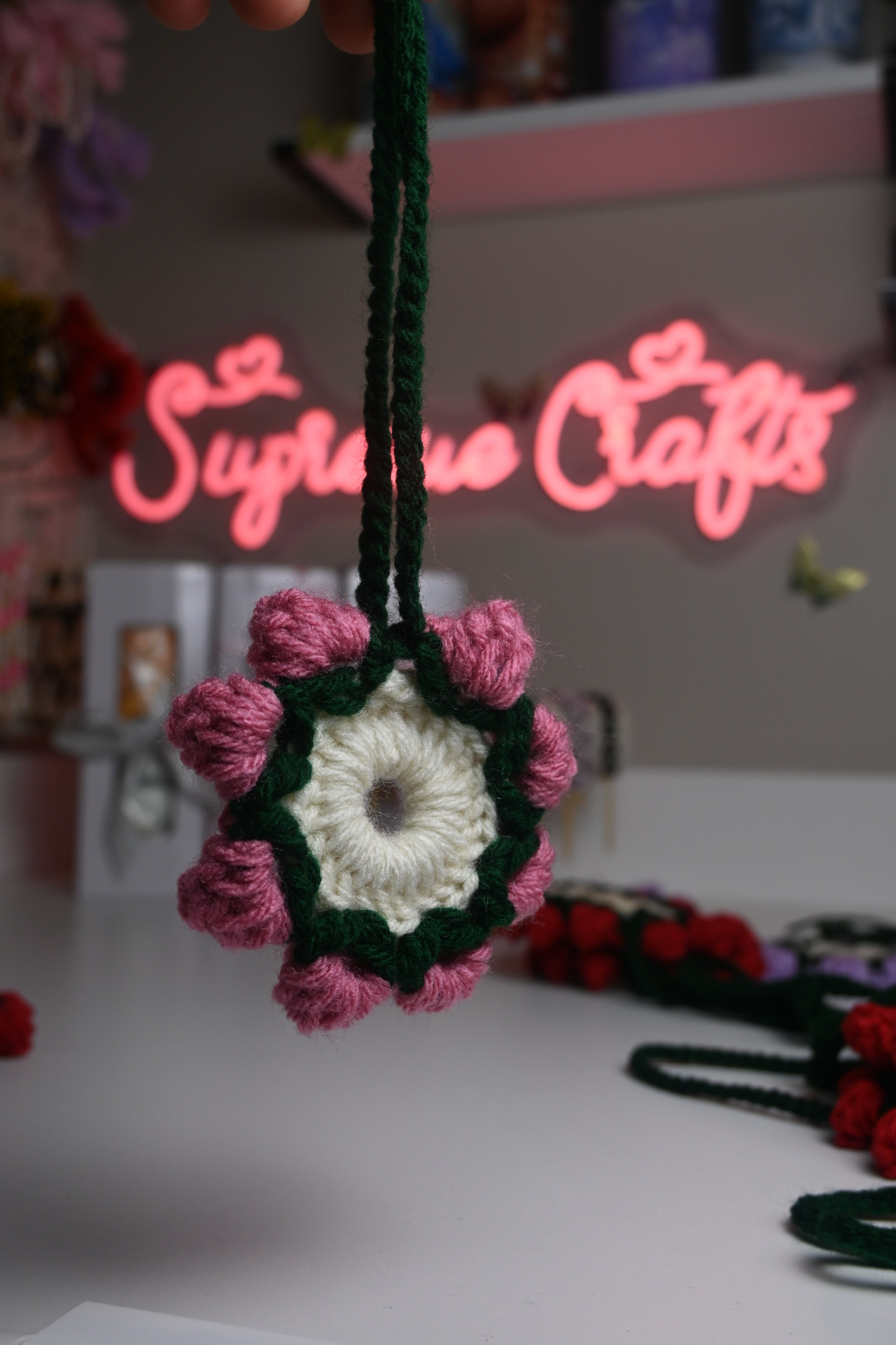 Handmade Crochet Rearview Mirror Charm – Floral Car Accessory (Red, Pink, Purple)