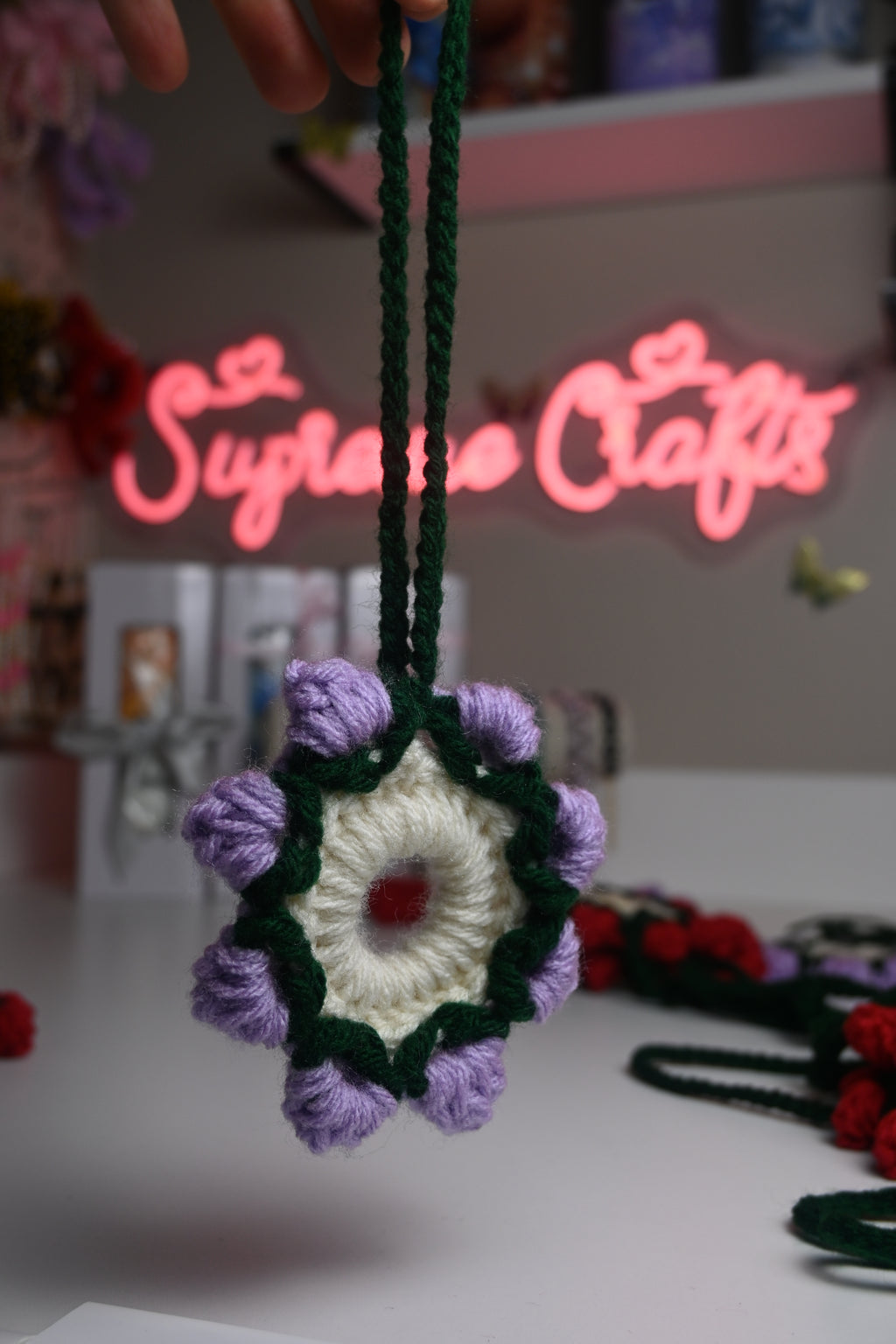 Handmade Crochet Rearview Mirror Charm – Floral Car Accessory (Red, Pink, Purple)