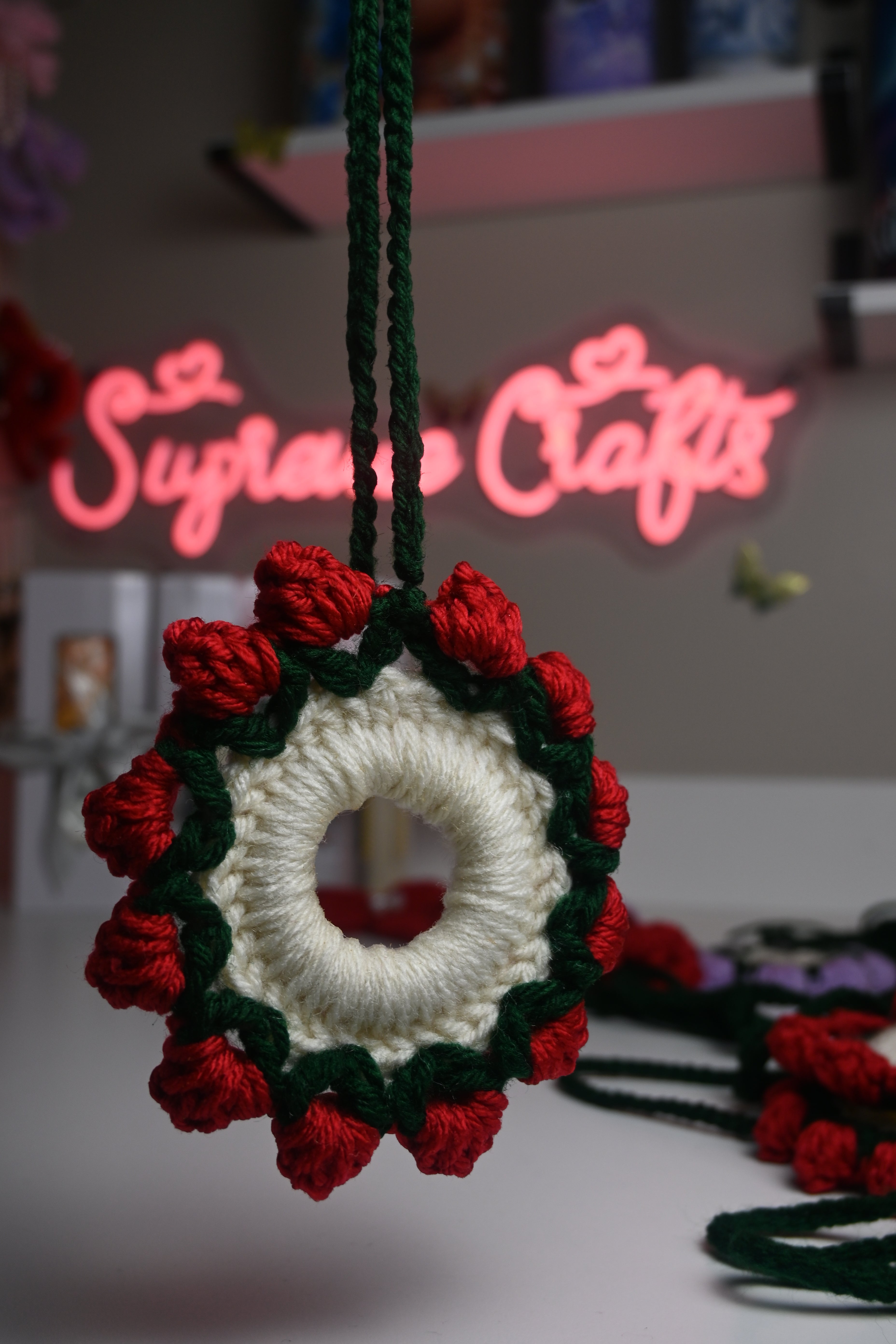 Handmade Crochet Rearview Mirror Charm – Floral Car Accessory (Red, Pink, Purple)