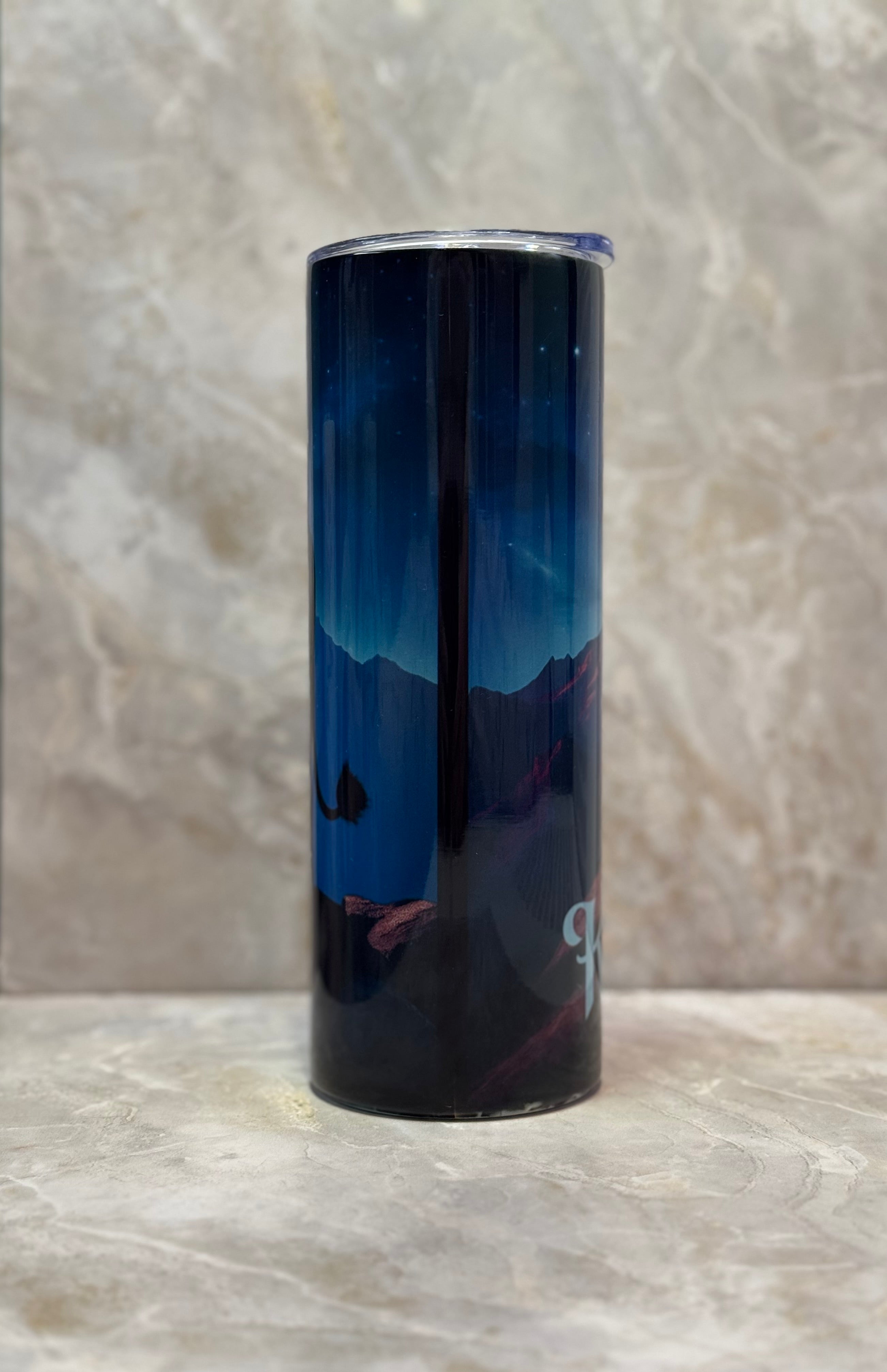 Stainless steel tumbler featuring a fierce king lion illustration